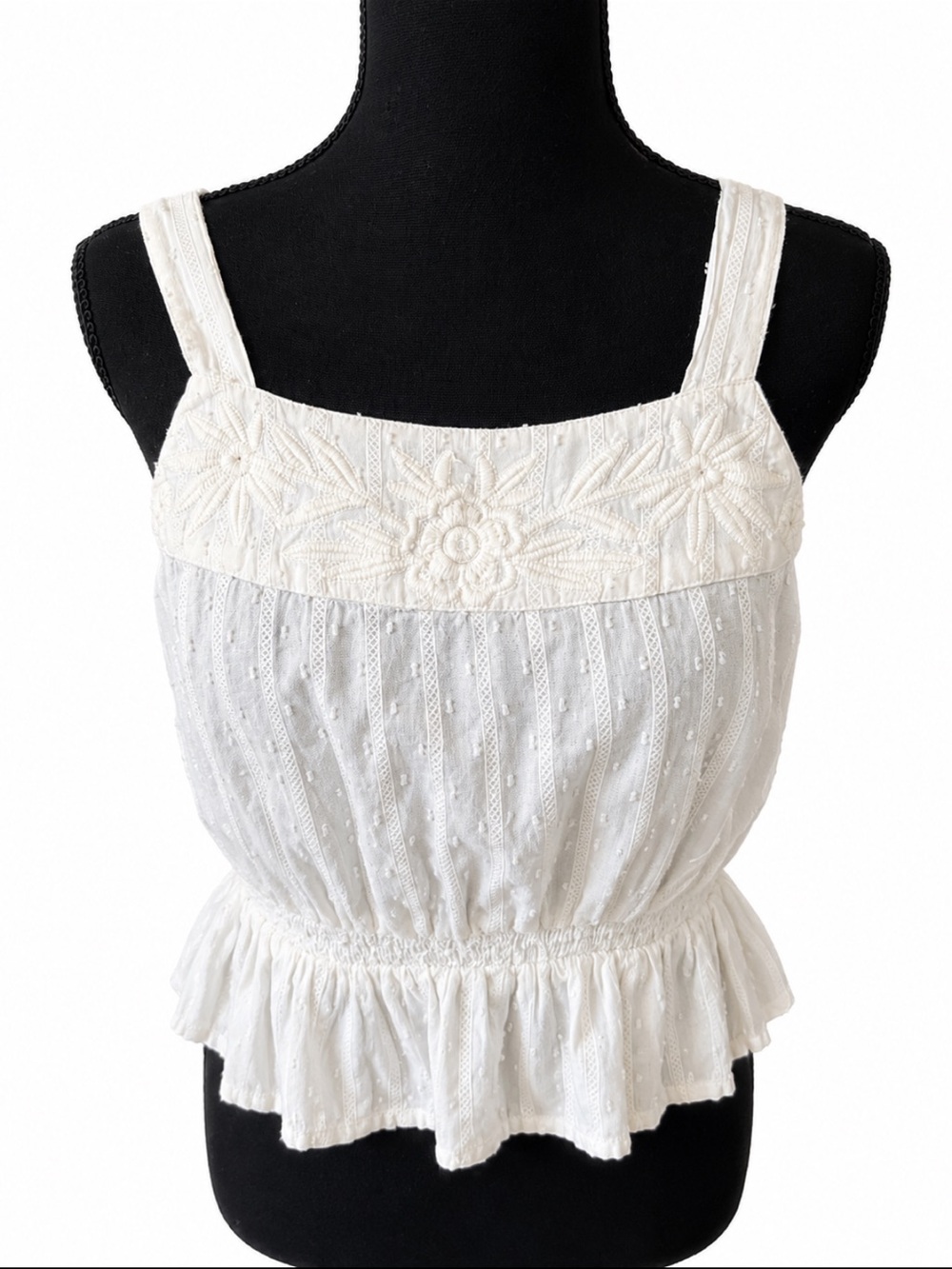 Shyanne Ivory Embroidered Swiss Dot Cotton Peplum Crop Top XS